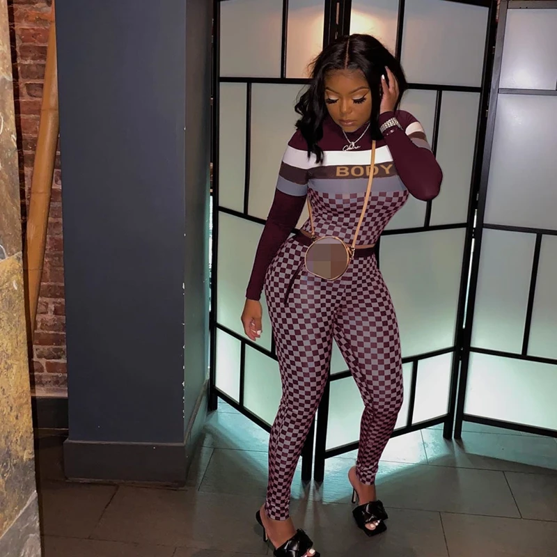 

Fashion Fall Plaid 2 Piece Sets Womens Outfits Long Sleeve Crop Tops+Pants Matching Sets for Women Clothes Streetwear