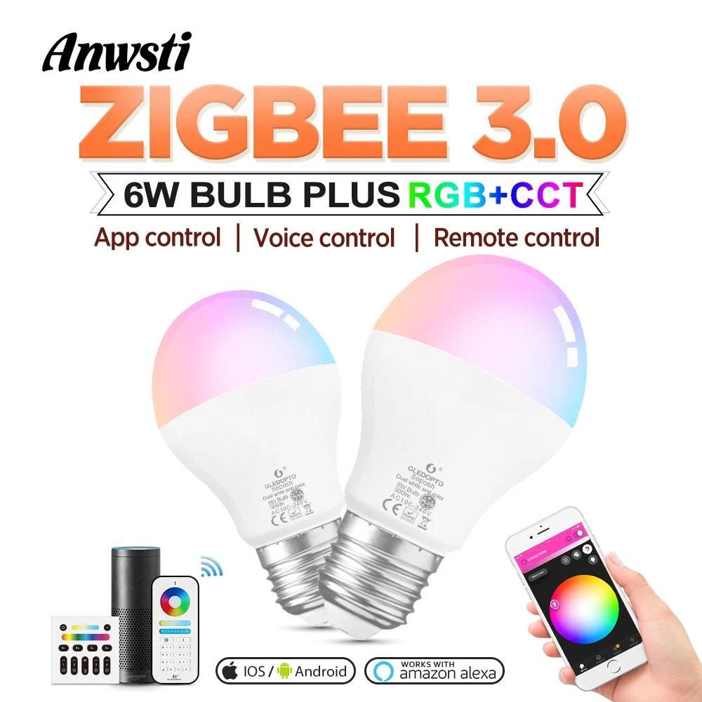 Zigbee умная Светодиодная лампа RGBCCT 6W AC110V 220V 6 Zone дистанционное управление E26 E27 светодиодный светильник, совместимый с Amazon Alexa Zigbee Hub