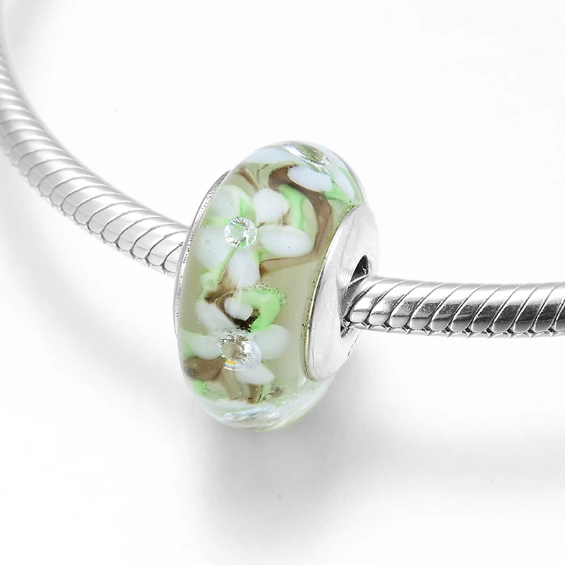 Бусины из серебра 925 пробы с зелеными и белыми цветами | Украшения аксессуары