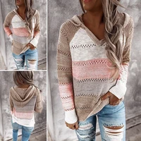 2020 autumn v neck patchwork hooded sweater women casual long sleeve knitted sweater top winter striped elegant pullover jumpers