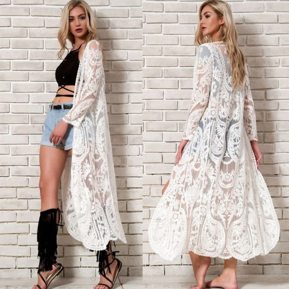 

Boho Mesh Embroidery Beach Cover Up Lace Lace Long Kimono Sarong Plus Size Women Beach Wear Long Sleeve Maxi Beach Dress