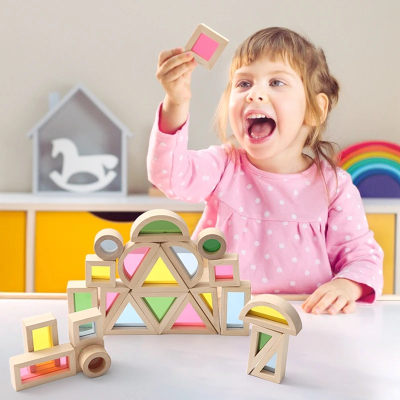 24Pcs/Set Wooden Colorful Kaleidoscope Montessori Assembling Rainbow Building Blocks Creative Stacking Tower Toys For Kids Gift