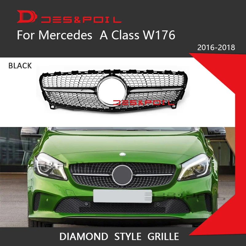 

For Mercedes A Class W176 Diamond Grille Black Silver Front Bumper Racing Grill 2013-2018 A180 A200 A250 A220
