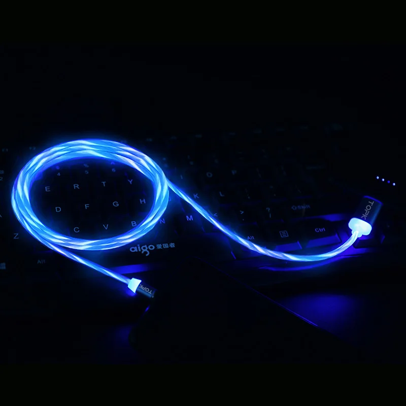 Blue TOPK Flow светящийся Магнитный кабель Micro usb type C для iPhone XR Xs MAX 8 7Plus 5 магнитное зарядное устройство кабель для быстрой зарядки USB-C - Цвет: Blue