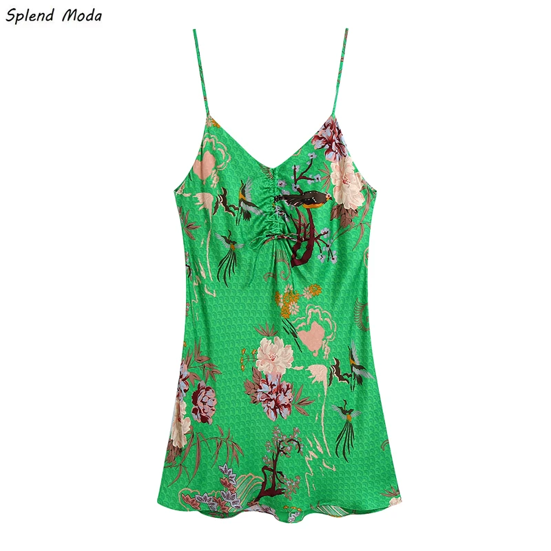 

Splend Moda 2021 Summer Fashion V-Neck Drawstring Vintage Flower Printing Sling Women Silk Satin Texture Sexy Dress Vestido