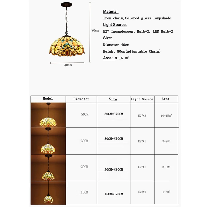 

Tiffany European Color Retro Glass Vintage Pendant Lights LED Indoor Lighting Hanging Lamp For Bedroom Living Room Home Decor