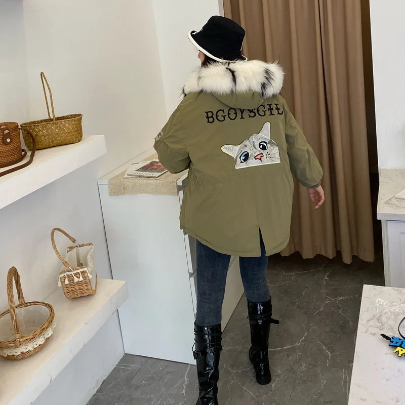 

jacket 90% white down down women coat winter 2021 new cartoon animal pattern hooded with real fox fur collar thick warm coats