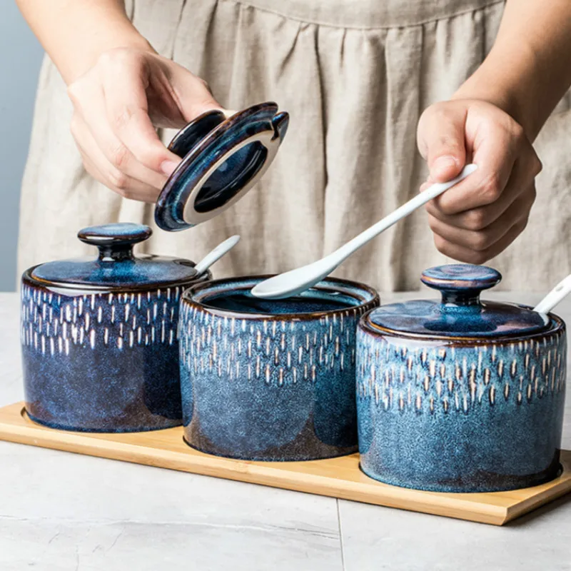 

Three-piece Suit Storage Box with Wooden Tray Ceramics Home Blue Spice Jar Combination Nordic Kitchen Supplies Seasoning Jar