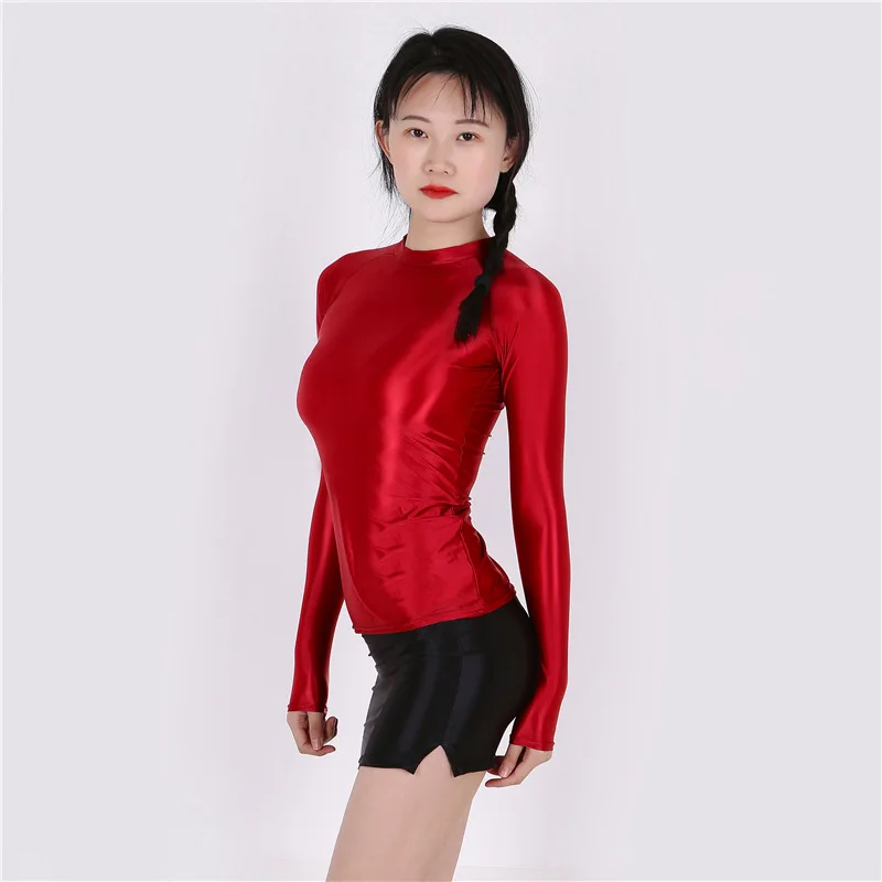 Женские сексуальные атласные глянцевые Прозрачные топы для йоги Блестящие