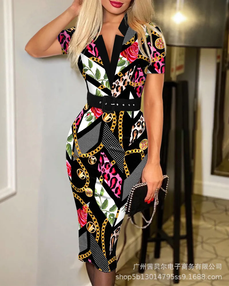 Women's Midi Dresses 2021 New Printed Long Sleeve Waist Dress