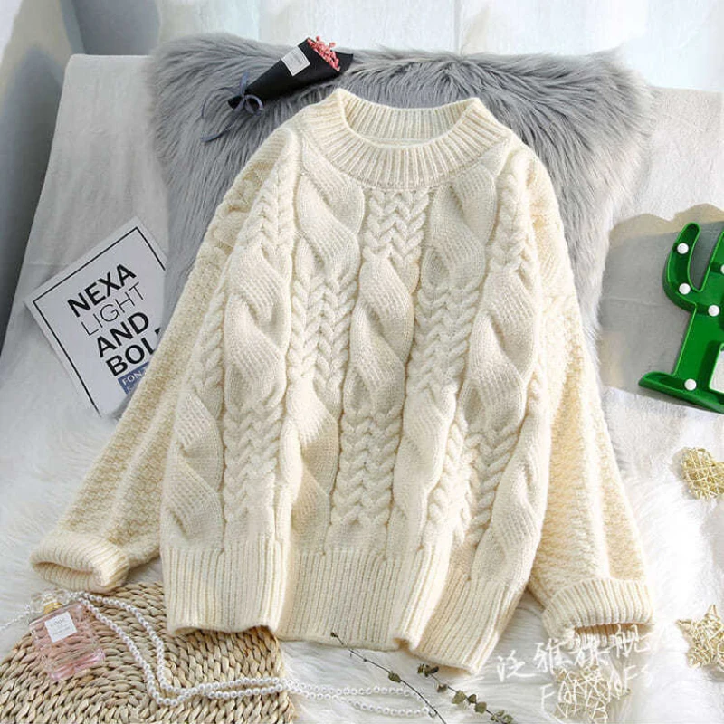 

JMPRS Fashion Twisted Women Sweater Thick Loose Casual O Neck Solid Ladies Knitted Jumper Long Sleeve Fall Harajuku Female Tops