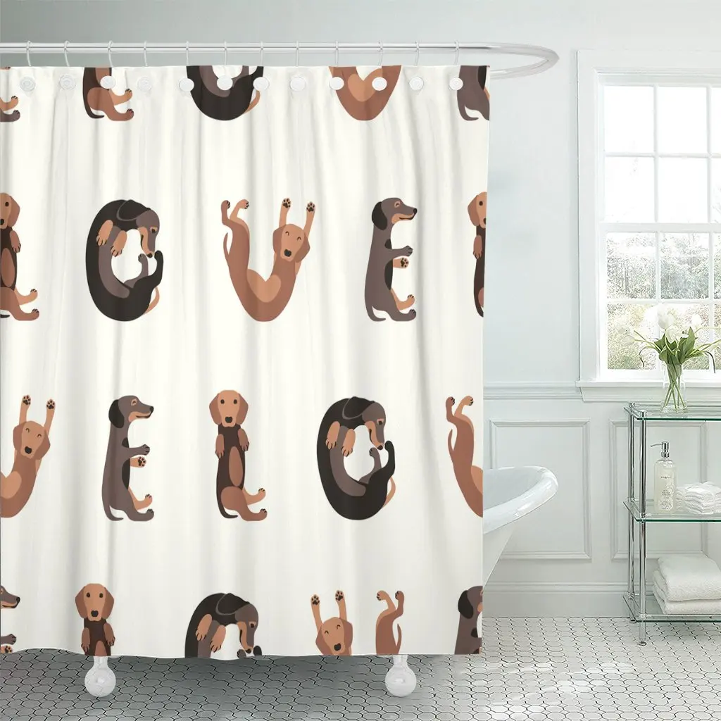 

Brown Animal Flat Pattern Word Love of Dachshund Dogs Shower Curtain Polyester 72 x 78 inches Set with Hooks