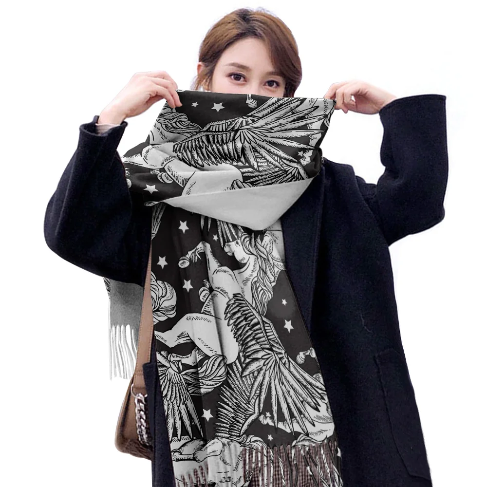 Модный кашемировый шарф с изображением летящего единорога шали и обертки зимний