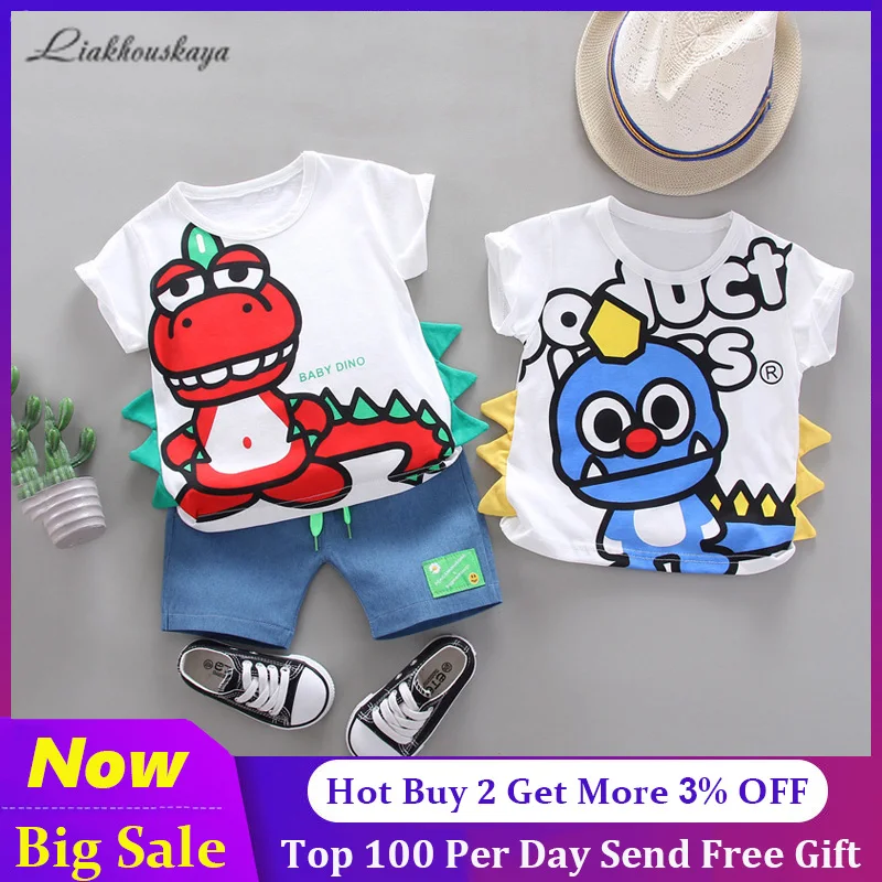 Летняя детская одежда с принтом динозавра для маленьких мальчиков и девочек