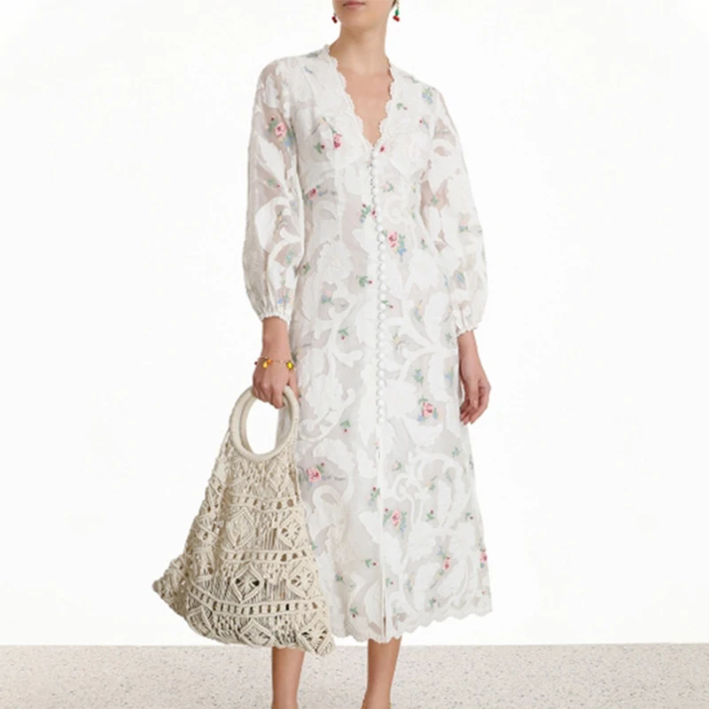 Вышитое лоскутное кружевное платье для женщин v образный вырез фонарь длинный