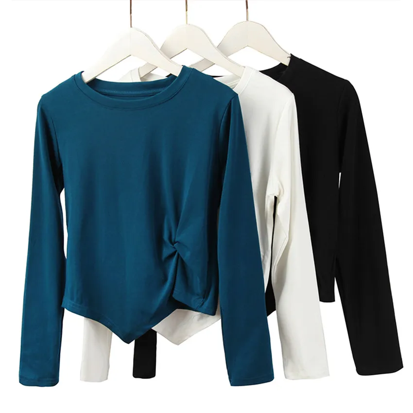 

Женский Асимметричный кроп-топ, однотонная Дизайнерская футболка с длинным рукавом и круглым вырезом, Осень-зима