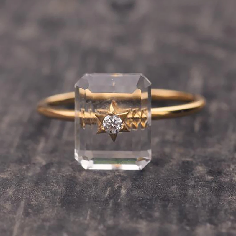 Buy Original diamond-studded rectangle unique opening adjustable ring transparent geometric elegant high-end retro ladies jewelry on
