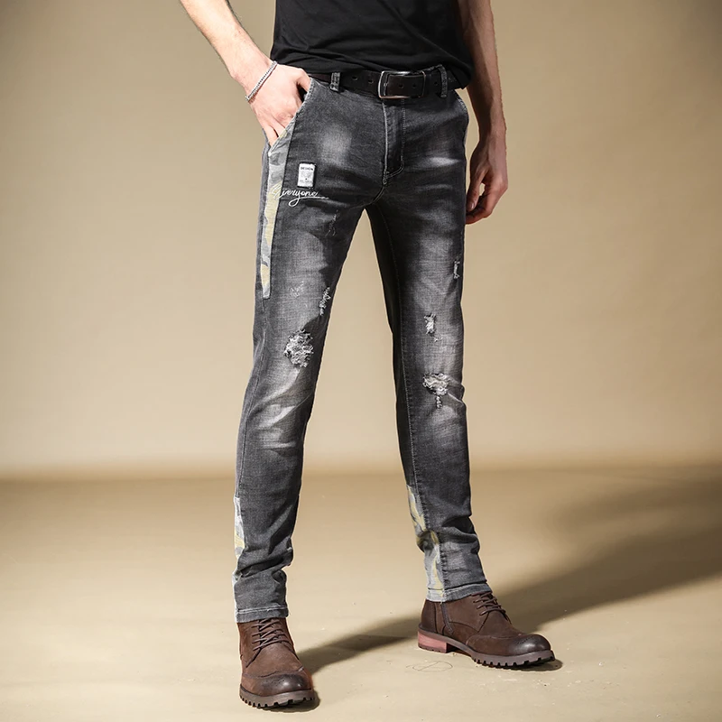 

Джинсы мужские стрейчевые, рваные прямые брюки, модная уличная одежда Slim Fit, молодежные брюки из денима в стиле пэчворк
