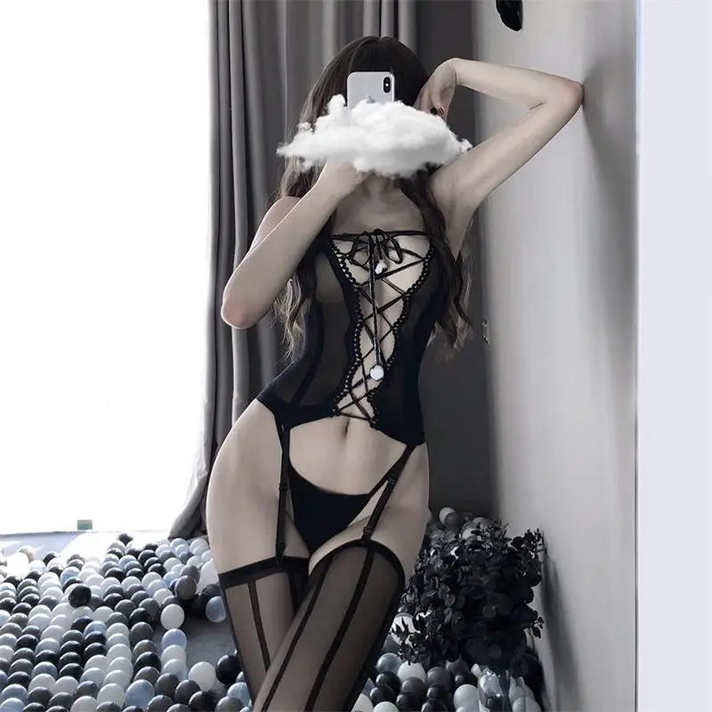 

Sexy Lingerie Corset Bustier Erotic Outfit 3Pcs Bodysuits Open Crotch Transparent Elasticity Mesh Suit With Stockings Underwear