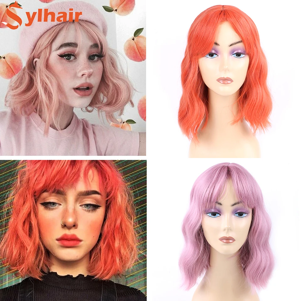 

Sylhair Pink Bob Wigs for Women Synthetic Wigs with Bangs Natural Hair Wig Medium Length Cute Cosplay Wigs