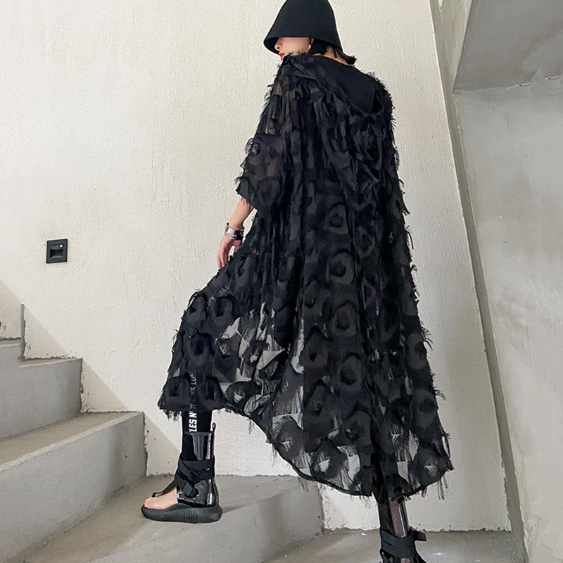 

Women Black Feather Split Big Size Dress New V-Neck Three-Quarter Sleeve Loose Fit Fashion Tide Spring Summer 2021 1t159