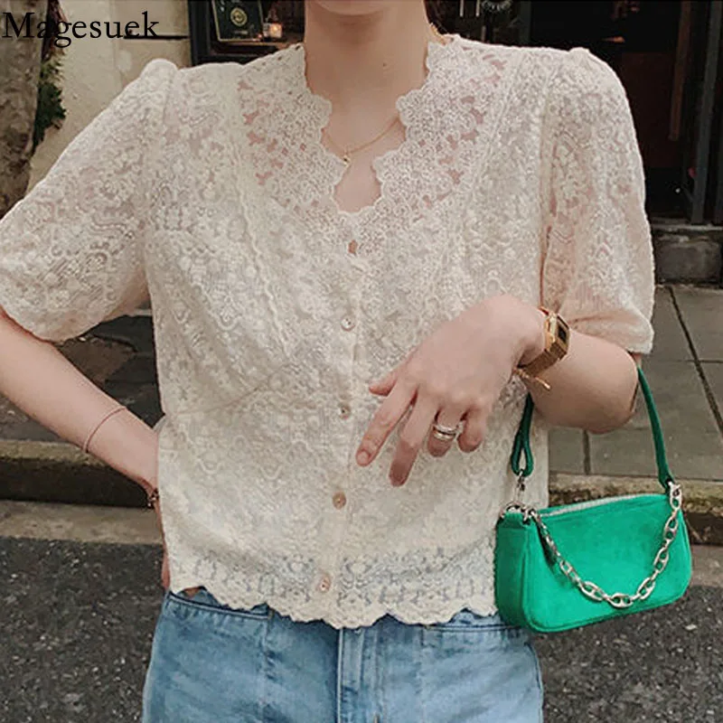 

Korean Short Sleeve Summer Lace Blouse Women Hollow Fashion Floral Loose Ladies Shirt V-neck Sweet Apricot Tops Blusas 13920
