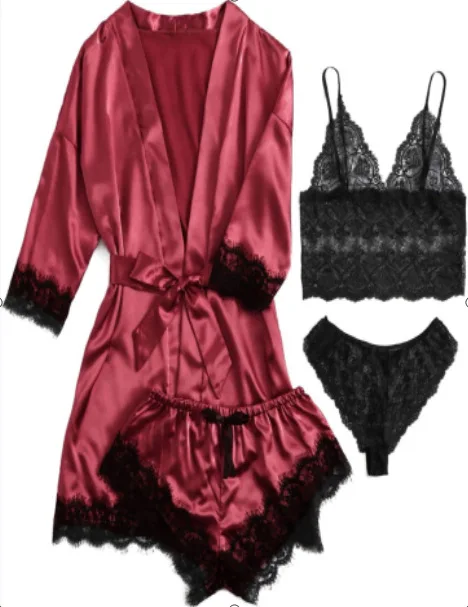

STAR0121 3pcs Women Satin Lace Mesh Sleepwear Homewear Nightwear Pyjamas Set Female Sexy Sleepwear Outfits 2020 Hot Sale
