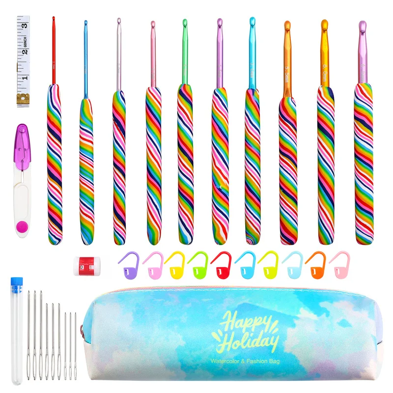 

10 Pcs Rainbow Crochet Hook Set Aluminum Knitting Needles 2.0-6.5MM Set Ergonomic Grip Crochet Knitting Yarns and Wool So Weave