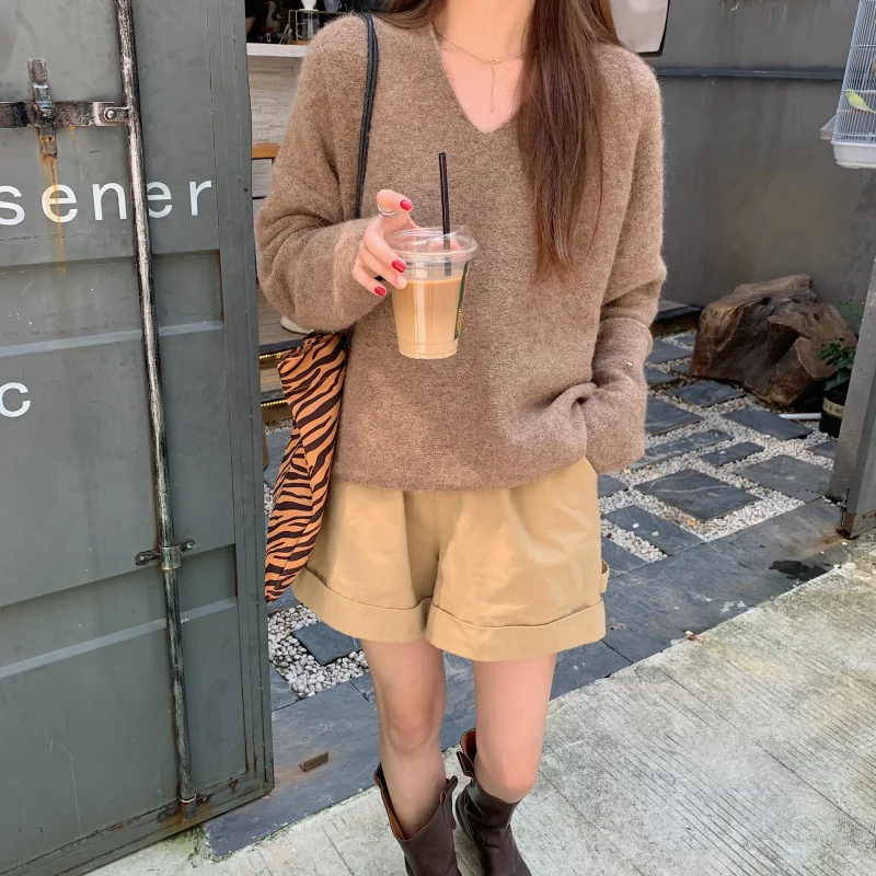 

Alien Kitty Spring Retro Elegant Knitwear Causal Clothe 2021 Basic Solid Loose New Fashion V-Neck Pullovers Warm Sweater Tops