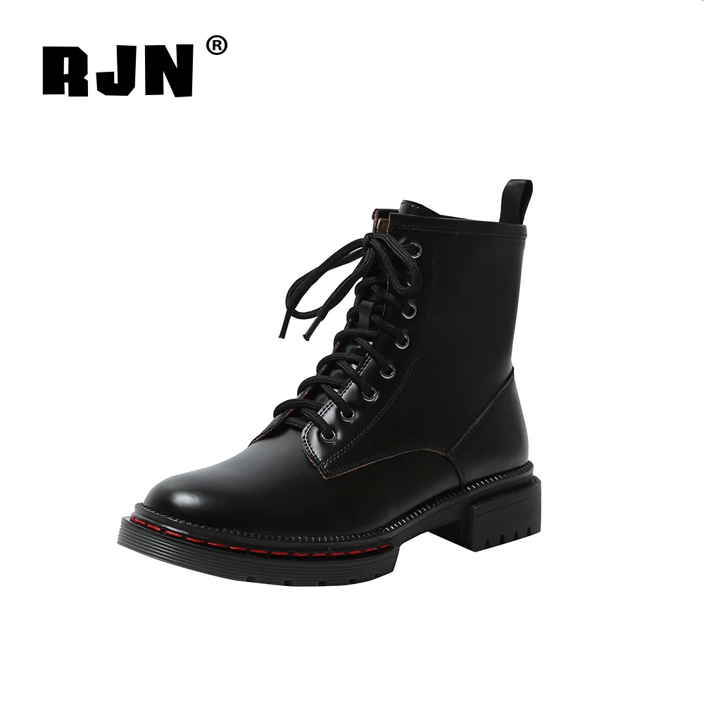 spesifikasi RJN Kasual Baru Semata Kaki Fashion Buatan Tangan Asli Kulit Bulat Toe Lace-Up Sepatu Square Tumit Rendah Wanita Bergaya Sepatu RO173