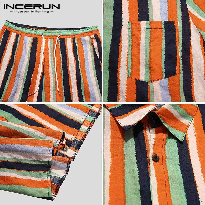 

Short Sleeve Lapel Shirts Drawstring Shorts Sets Summer INCERUN Men Striped Vintage Printed Sets Hawaiian Beach Suit Plus Size