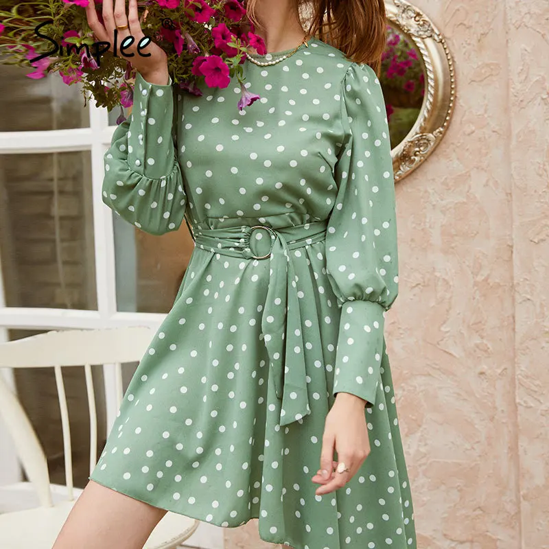 Simplee Commute вырез лодочкой в горошек зеленое женское платье с длинным рукавом
