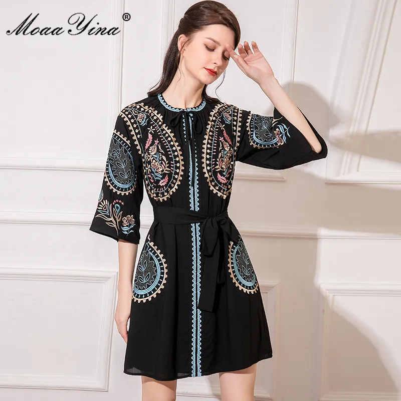 

MoaaYina Fashion Designer dress Spring Women Dress Half sleeve Embroidery Beltwd Elegant BLack Party Dress
