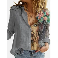 2021 spring summer womens clothes vintage printing long sleeve shirts ladies fashion elegant casual tops loose lapel blouse