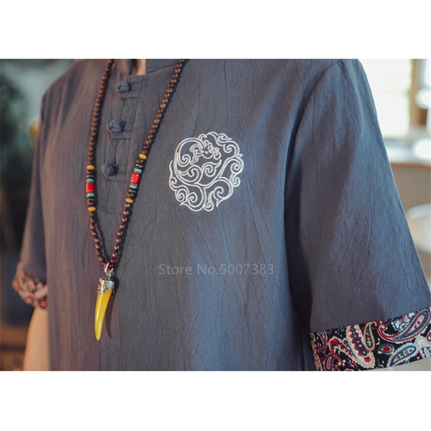 Льняные мужские топы с китайским принтом ретро летний костюм Тан коротким