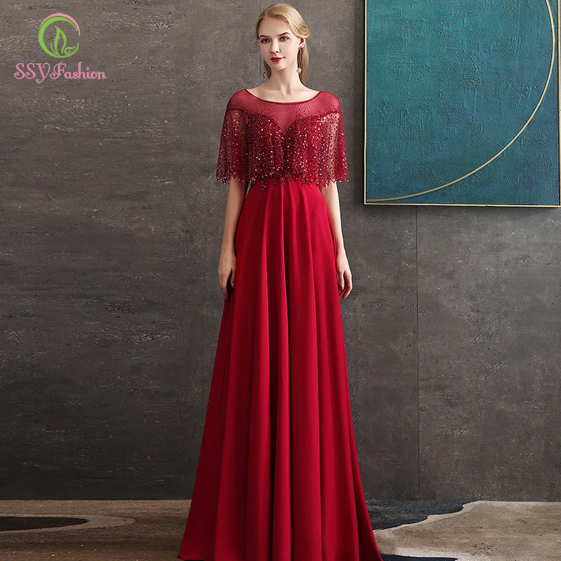 

Женское атласное вечернее платье SSYFashion, элегантное красное платье с блестками и бисером, длиной до пола, бальное платье для выпускного вече...