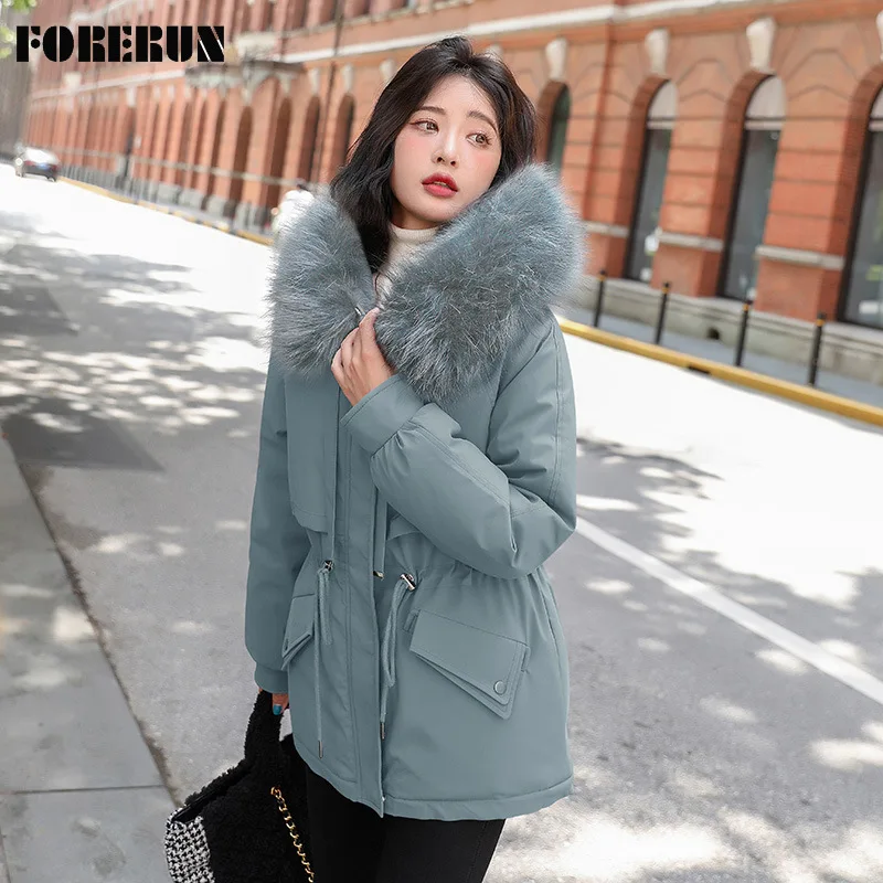 

FORERUN Women's Parka Winter Faux Fur Hooded Plush Padded Warm Outwear Puffer Jacket Casaco Feminino Inverno -35centigrade