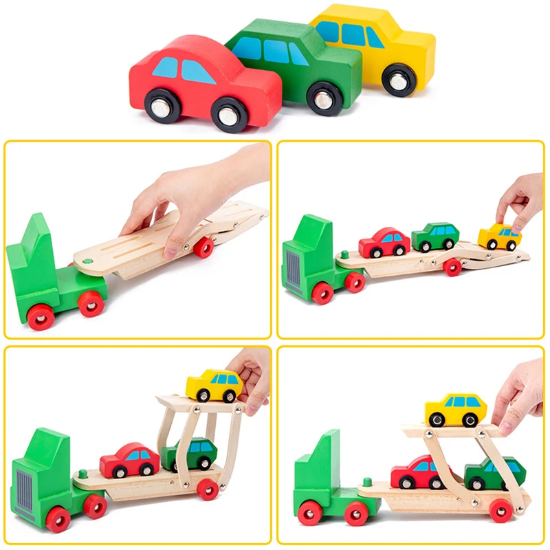 

Kids Wooden Car & Airplane Model Toys Simulation Double-Decker Truck Transport Toy Early Education Blocks Gifts For Baby