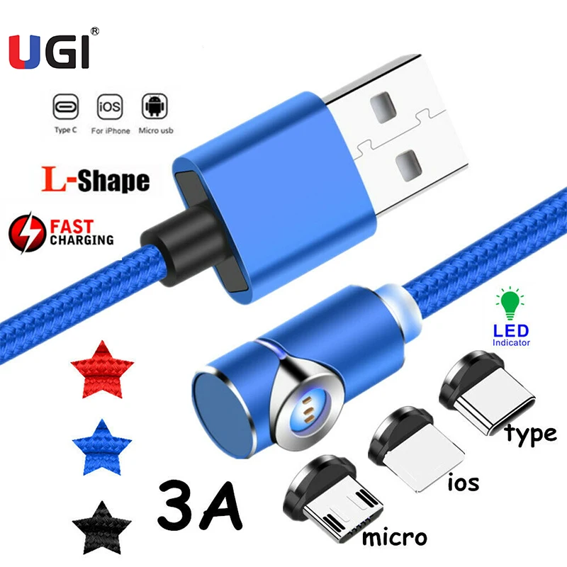

UGI 3A Magnetic Fast Charging Cable L Shape QC3.0 Type C USB C Cable For IOS Phone Micro USB Cable Data Sync For Samsung Oneplus