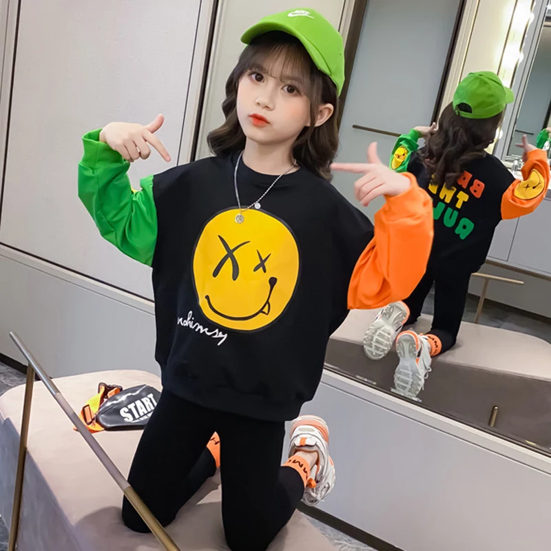 

Smiling face Print Fashion Style Kids Boys Sweatshirts Baby girls t shirt Long Sleeve+Trousers 2pcs For Girls Clothes Sets