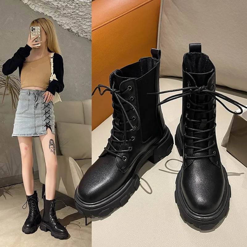 

In Autumn And Winter Of 2020, The New Korean Version Of Joker Thick-soled Lace-up Motorcycle Boots Street Beat Martin Boots Shor