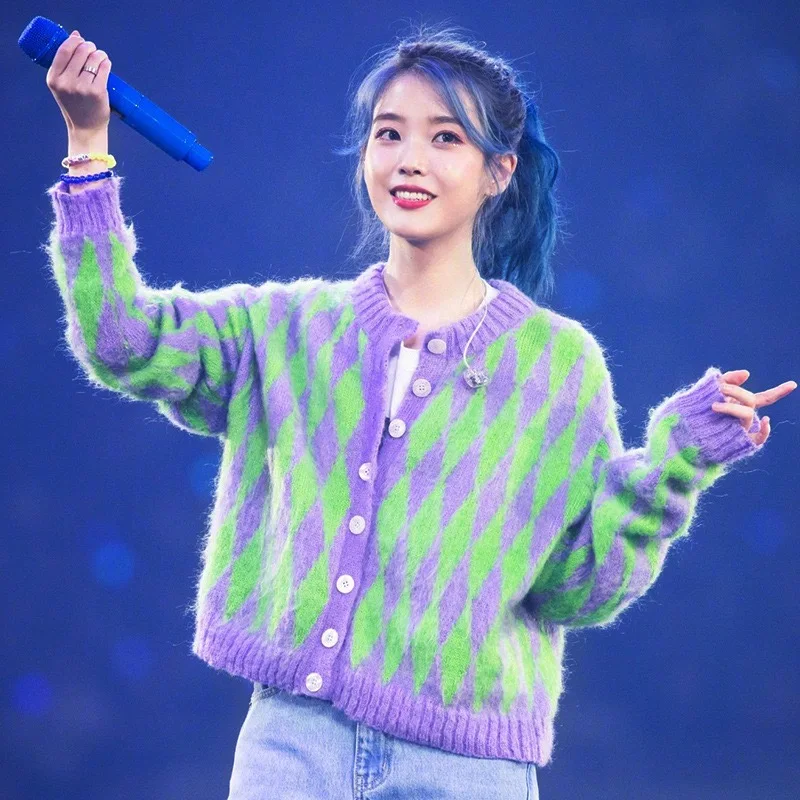 

Knitted Cardigan Sweater Jacket Women Autumn Winter 2020 New Outwear Green Long Sleeve purple Round Neck Mohair Plaid Cardigan