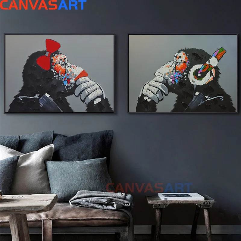 Забавная картина маслом с животными милые пары обезьяны одежда наушники холст HD