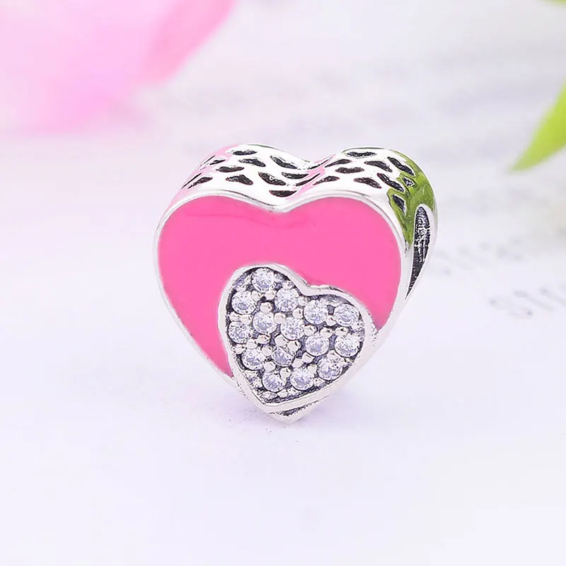 Настоящее серебро 925 пробы розовое эмалированное сердце циркон хрустальный