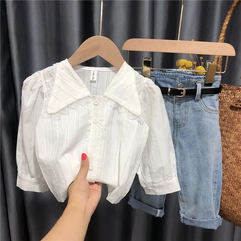 Комплект детской одежды из 3 предметов белая рубашка + джинсы ремень весна 2021 |