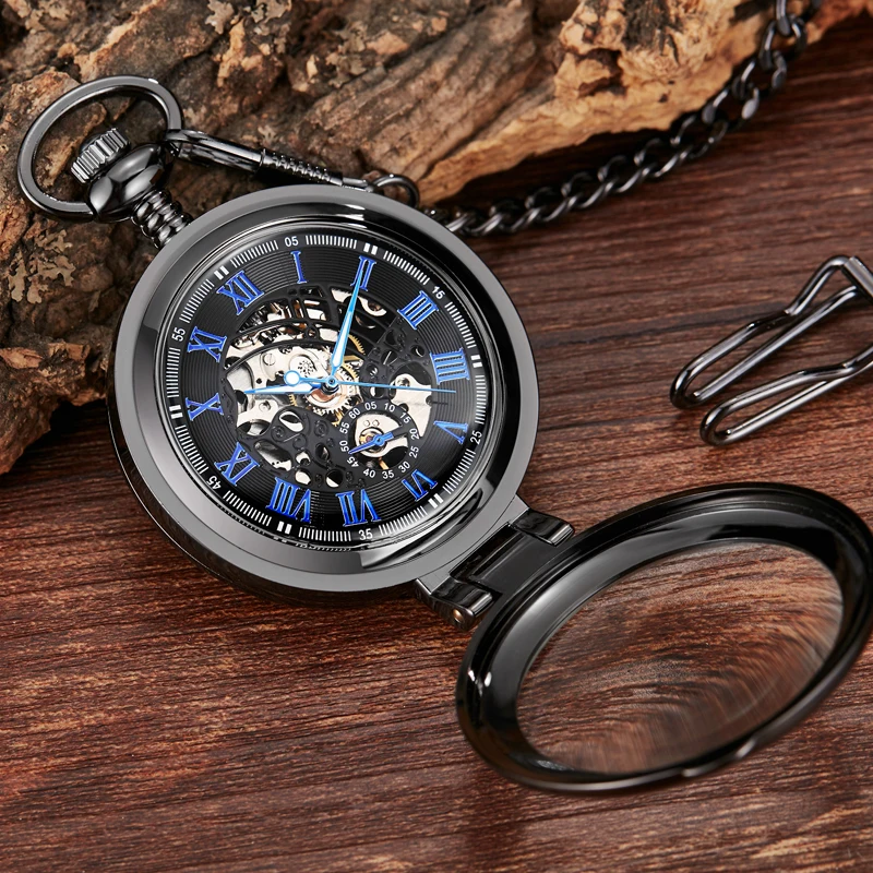 Gorben Transparent Cover Automatic Mechanical Pocket Watch Men Retro Casual Skeleton Dial Silver Hand Wind Fob Chain Watches