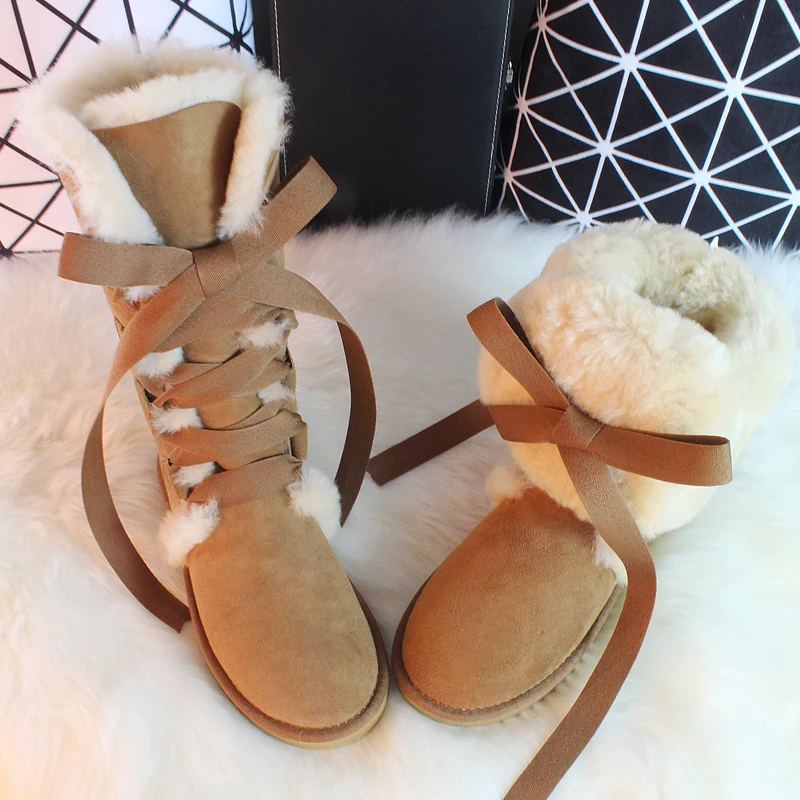 

G&Zaco Luxury Sheepskin Long Boots Winter Cross Strap Lace Bow Snow Boots Knee High Natural Wool Genuine Leather Women's Boots