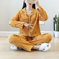 spring and autumn new pajamas two piece 100 cotton crepe ladies long sleeved trousers simple carrot home service set sleepwear