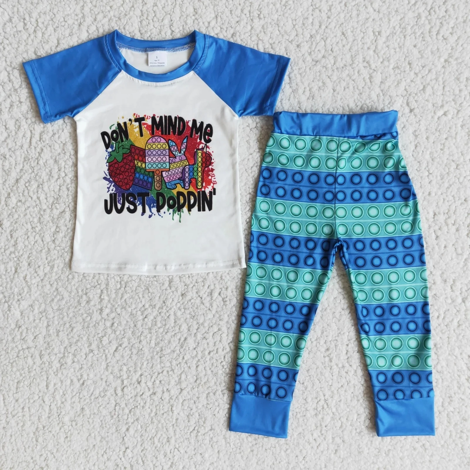 

Baby Boy Spring Rabbit Clothing Kids Don’t Mind Me Just Poppin Pop It Game Fidget Toy Blue Shirt Pants Wholesale Children Outfit