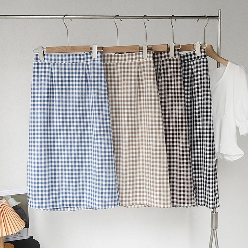 

Summer Women's Skirt Cotton Textile Academy Style Semi Elastic High Waist Back Split Plaid Mid Length Skirt